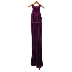 NWT Royal Queen Eggplant Velvet Beaded Waist Formal Maxi Dress Size 10